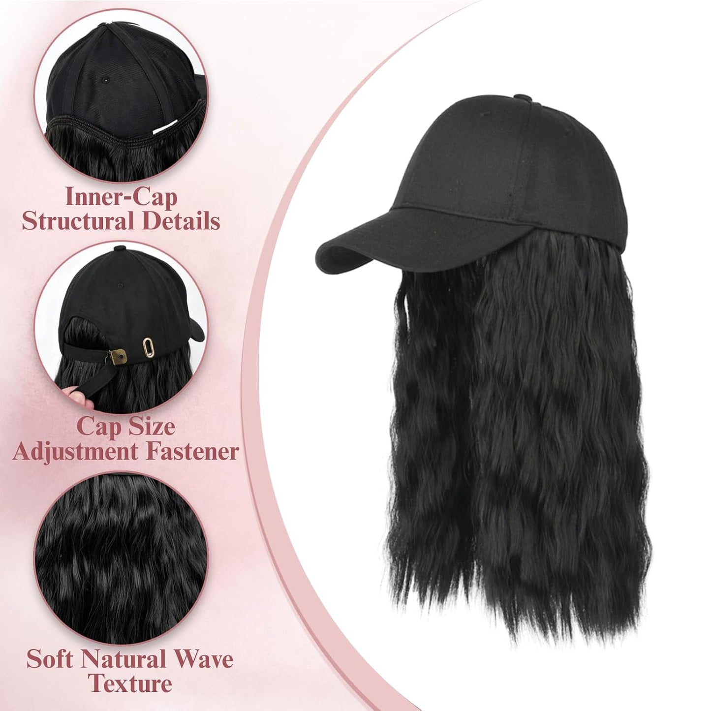 Baseball Cap with Hair Attached for Black Women 14inch Natural Wave Hat Wig