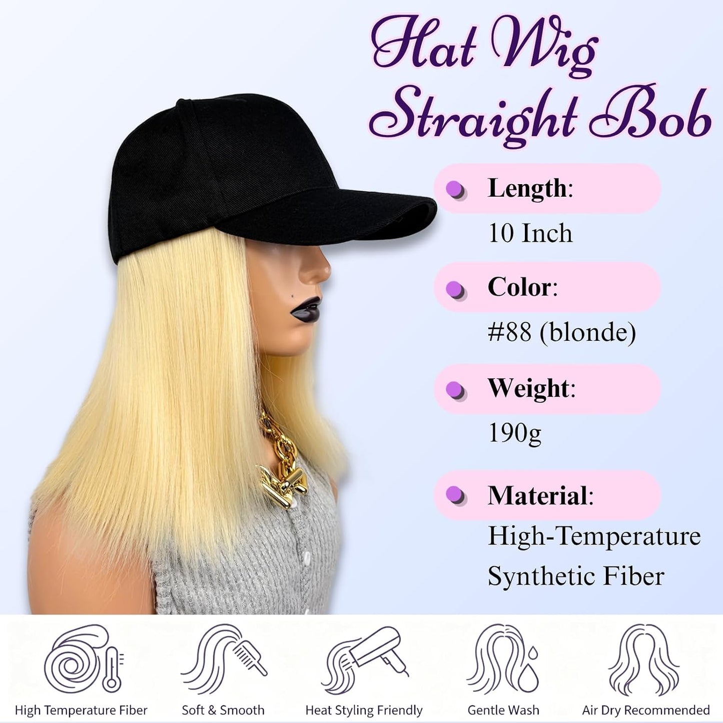 Baseball Cap with Bob Hair Attached Synthetic Bob Hat Wig for Women-Dark Brown