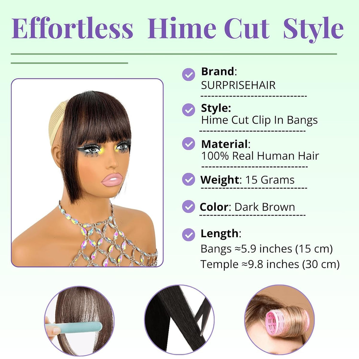 Clip in Bangs 100% Human Hair Fringe with Long Temples Hime Cut for Women