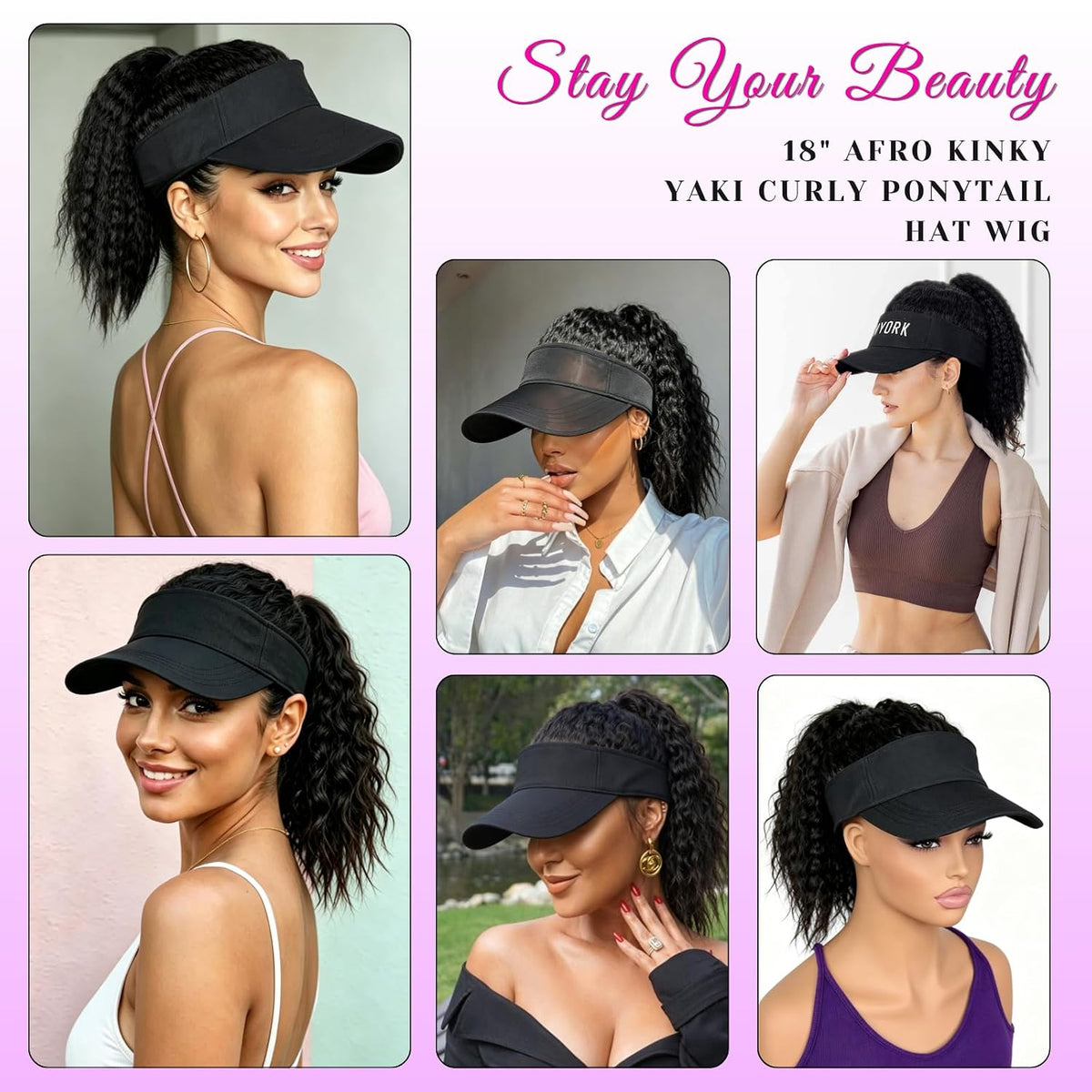 Hat Wigs with Kinky Curly Hair Ponytail Attached for Black Women