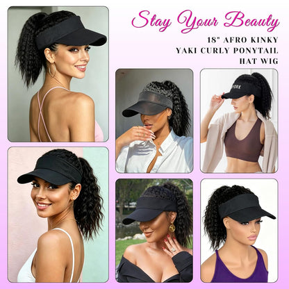 Hat Wigs with Kinky Curly Hair Ponytail Attached for Black Women