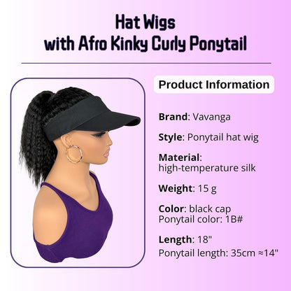 Hat Wigs with Kinky Curly Hair Ponytail Attached for Black Women