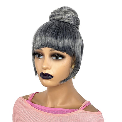 GRAY BUN BANG SET 2PCS - Quick Clip in Ponytail Gray Bun with Bang