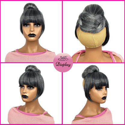 Salt and Pepper Grey Bun & Bangs Set 2PCS  for Black Women