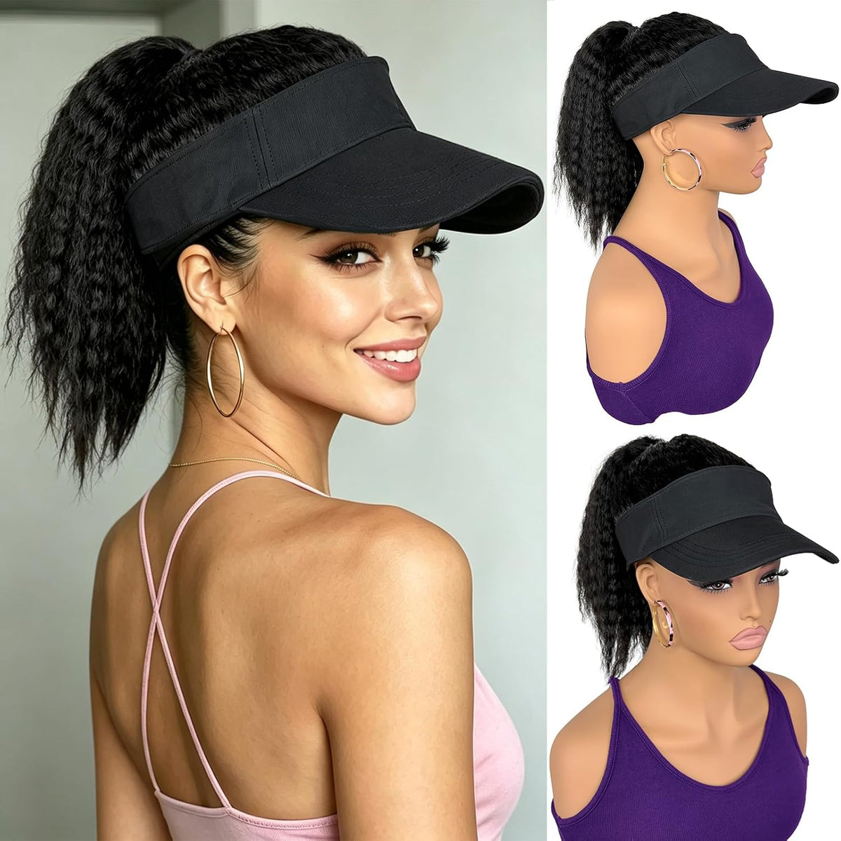 Hat Wigs with Kinky Curly Hair Ponytail Attached for Black Women