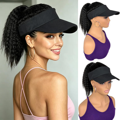 Hat Wigs with Kinky Curly Hair Ponytail Attached for Black Women