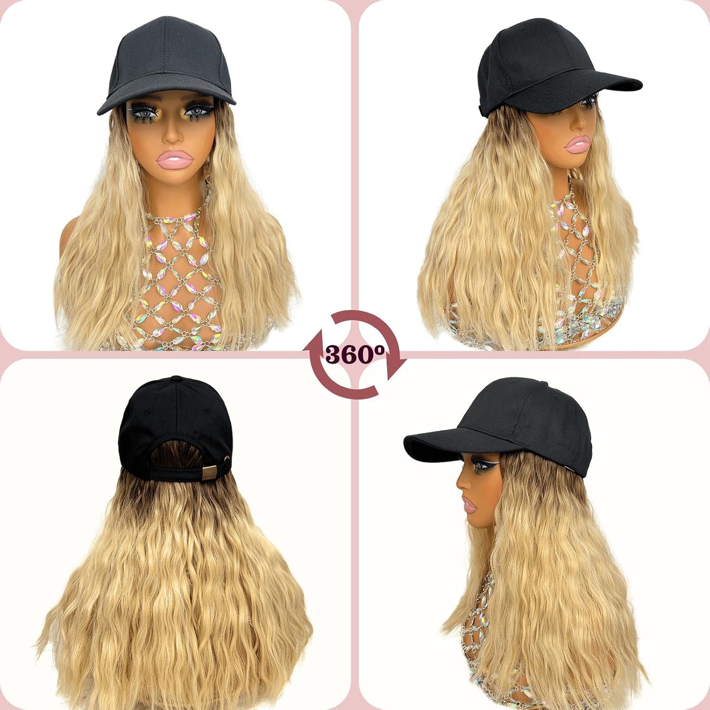 Short Curly Hat Wig for Women Baseball Cap with Ombre Blonde Natural Wave Hair for Women