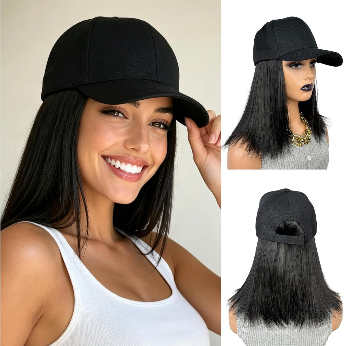 Baseball Cap with Bob Hair Attached Synthetic Bob Hat Wig for Women-Dark Brown