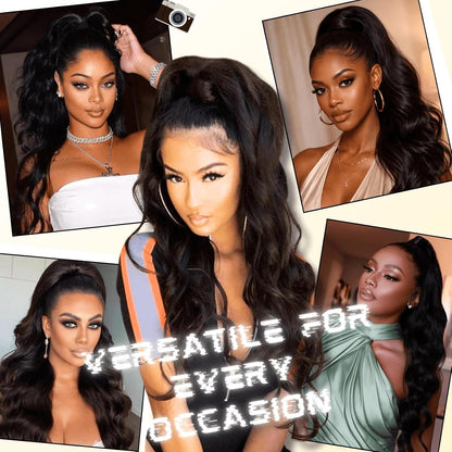 Long Yaki Loose Curl Drawstring Ponytail for Black Women 26''- #1B Natural Black