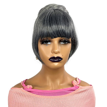 Gray Bun & Bangs Set 2PCS - Salt and Pepper Grey Hairpiece for Black Women