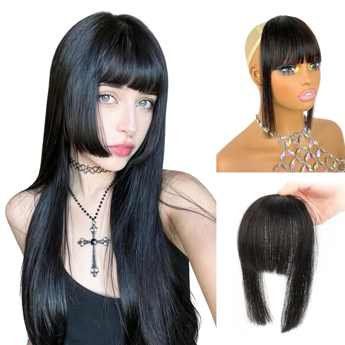Clip in Bangs 100% Human Hair Fringe with Long Temples Hime Cut for Women