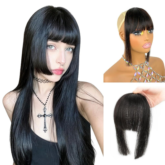 Clip in Bangs 100% Human Hair Fringe with Long Temples Hime Cut for Women