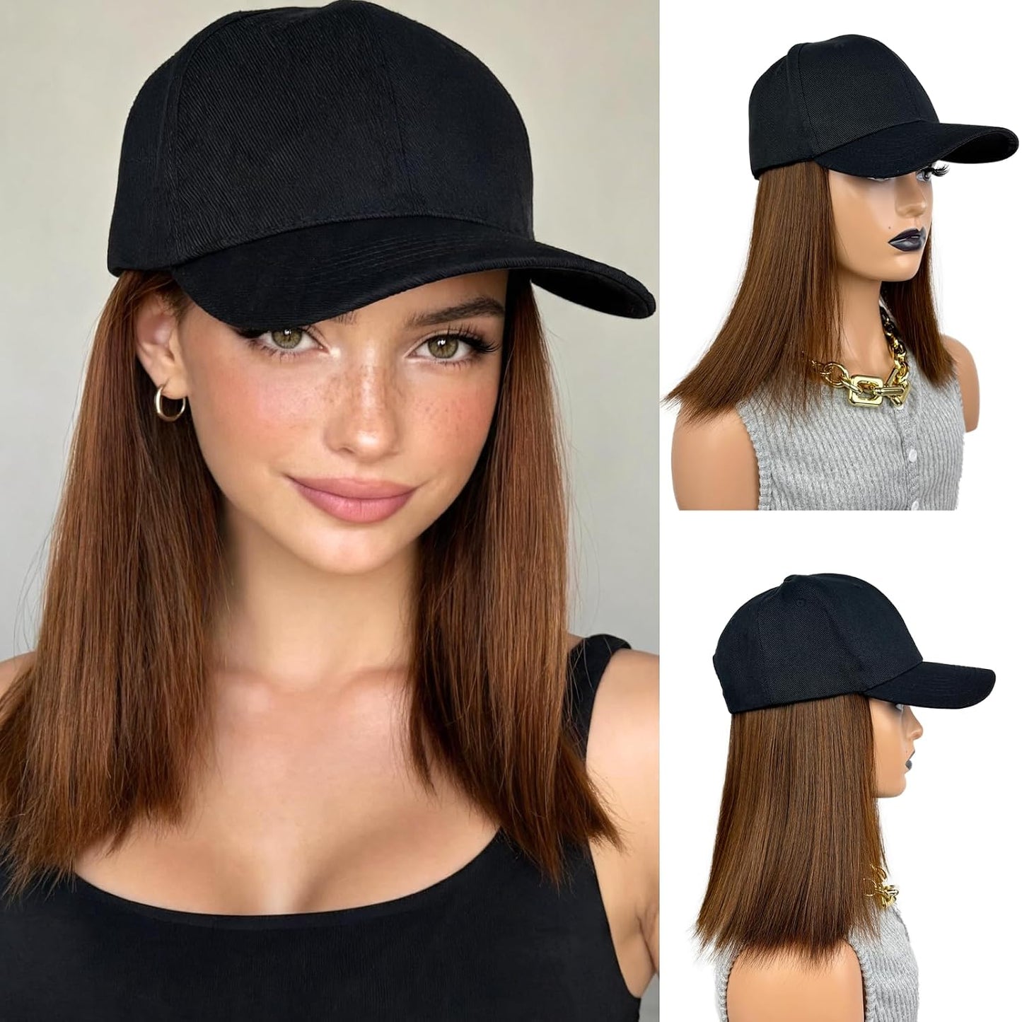 Baseball Cap with Bob Hair Attached Synthetic Bob Hat Wig for Women-Dark Brown