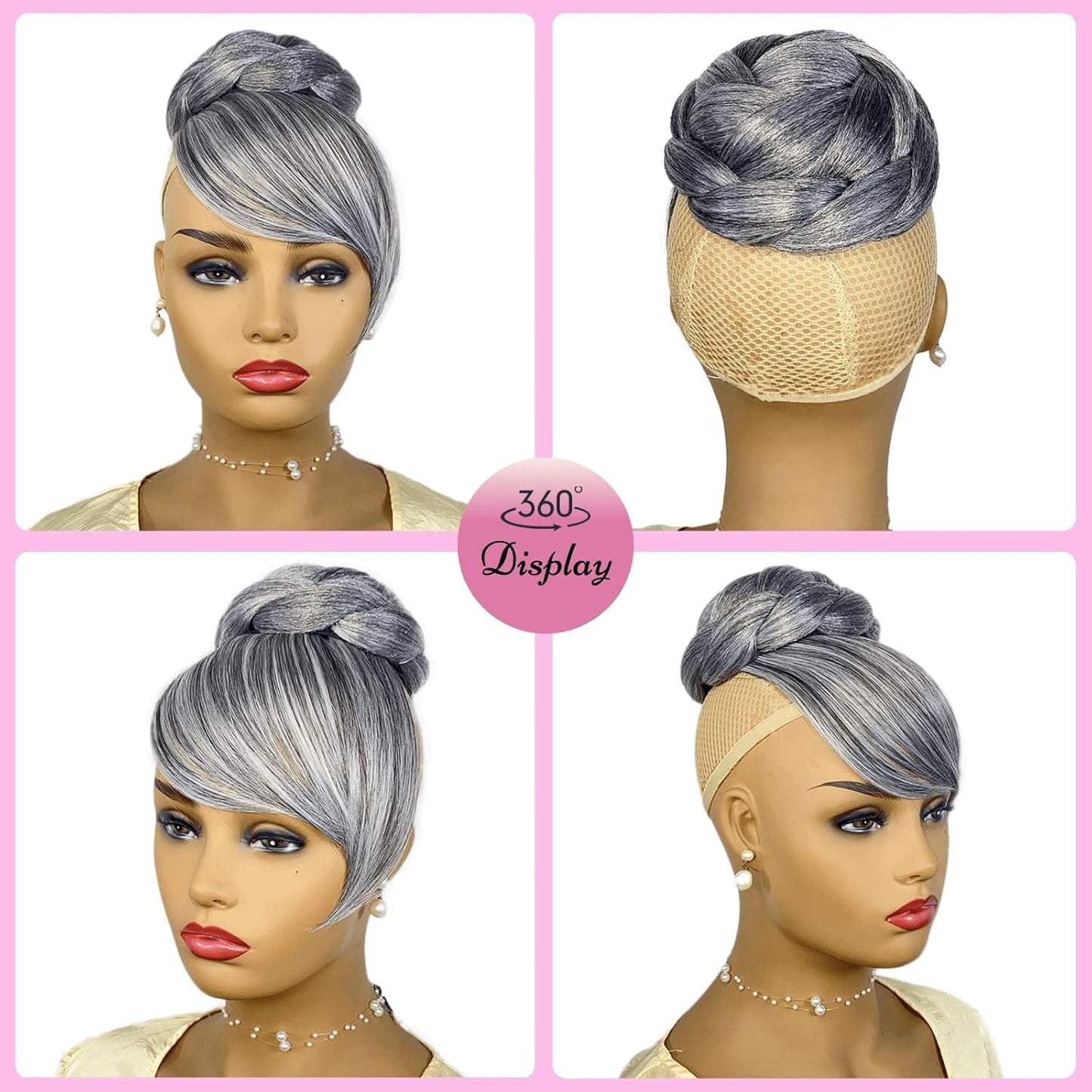Quick Bun and Bang Set 2PCS - Salt and Pepper Grey Braided Bun with Side Bang
