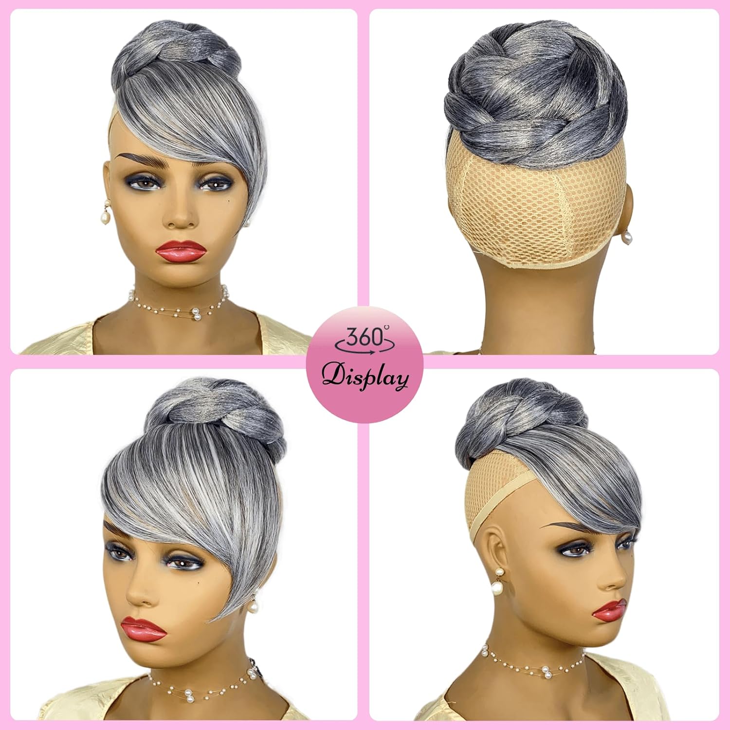 Quick Bun and Bang Set 2PCS - Salt and Pepper Grey Braided Bun with Side Bang