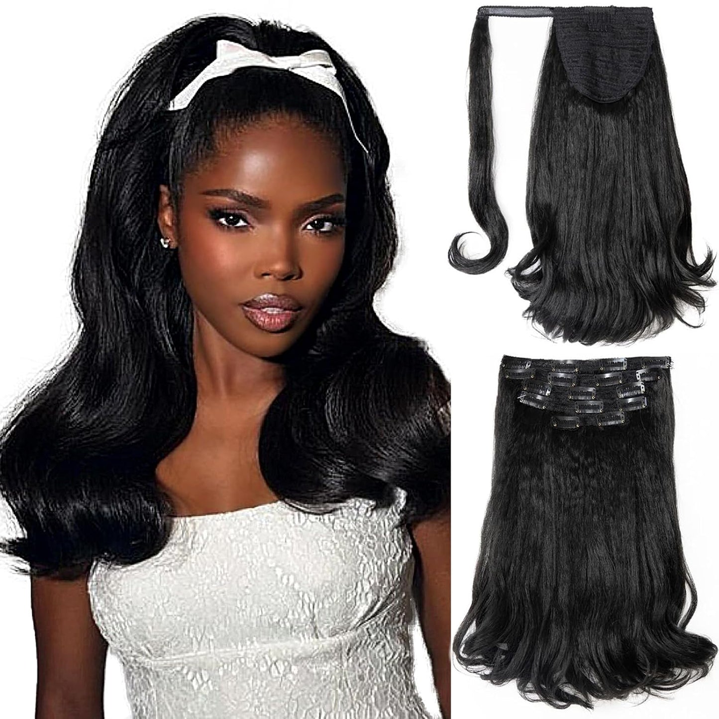 6PCS Half Up Half Down Ponytail Set for Black Women Kinky Straight Ponytail
