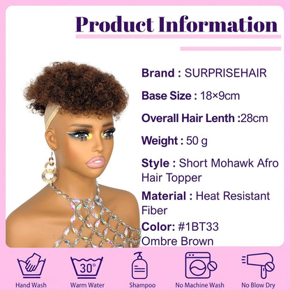 Short Afro Hair Topper Synthetic Hair Mohawk Ponytail for Black Women