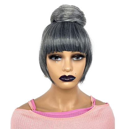 Grey Bun & Bangs Set 2PCS - Salt and Pepper Grey Twist Braided Chignon for Black Women