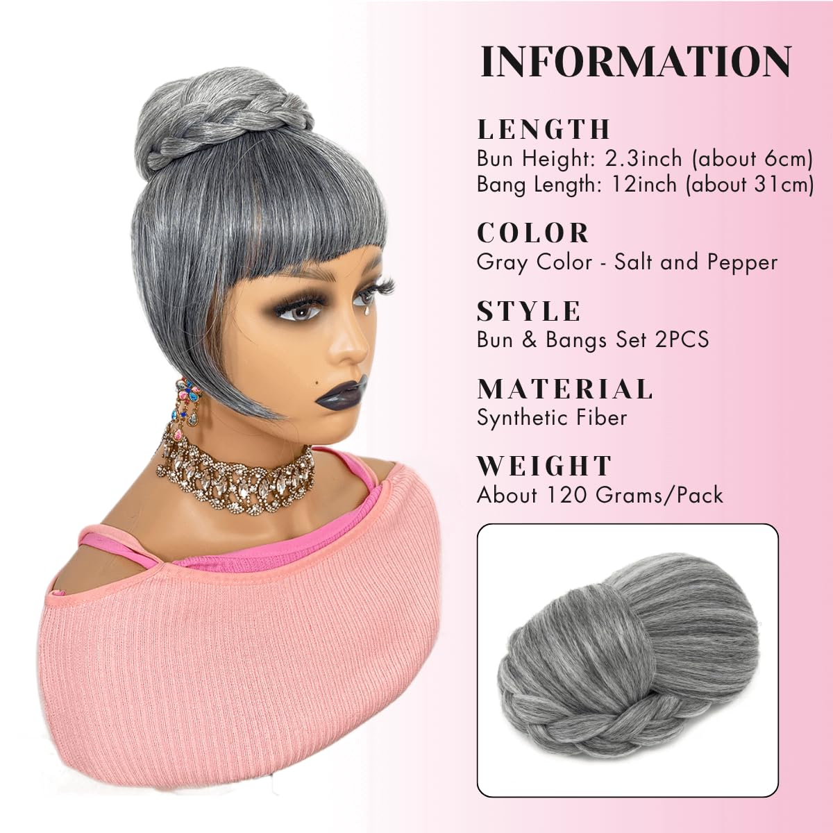 Grey Bun & Bang  Set  Salt and Pepper Hair Piece for Black Women
