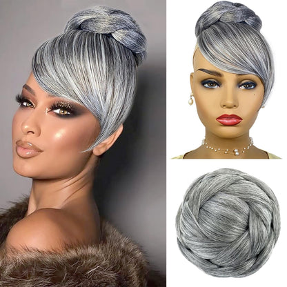 Quick Bun and Bang Set 2PCS - Salt and Pepper Grey Braided Bun with Side Bang