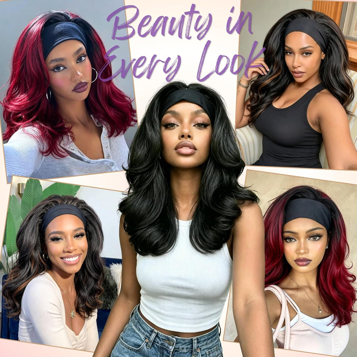 18inch Long Kinky Straight Yaki Wavy Headband Wig for Black Women