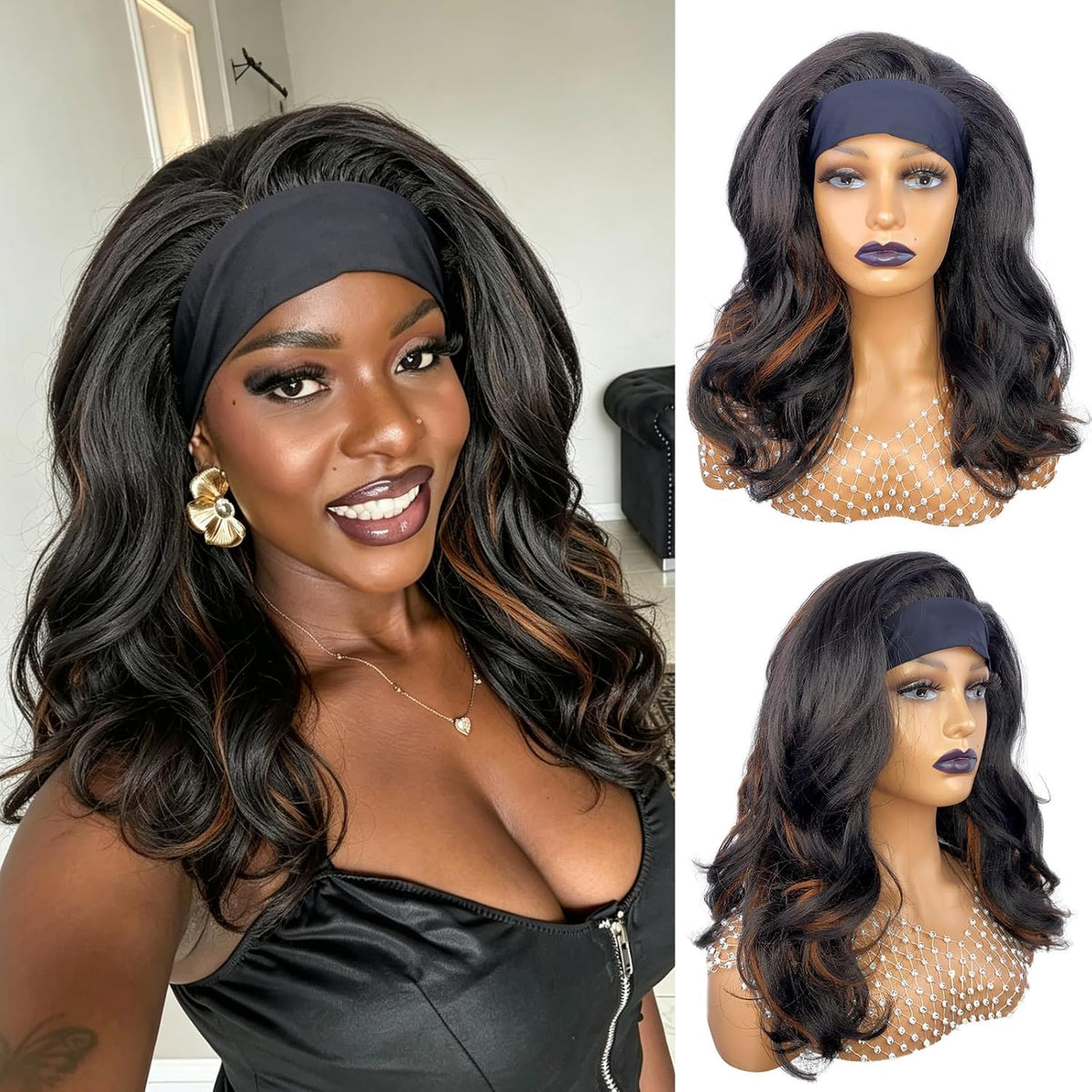 18inch Long Kinky Straight Yaki Wavy Headband Wig for Black Women