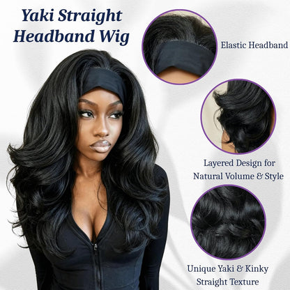 18inch Long Kinky Straight Yaki Wavy Headband Wig for Black Women