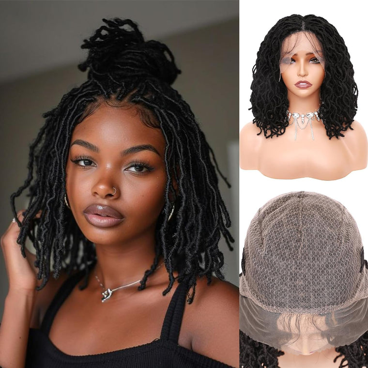 Short 14 Inch Curly Faux Locs Braided Wig Full Lace for Black Women
