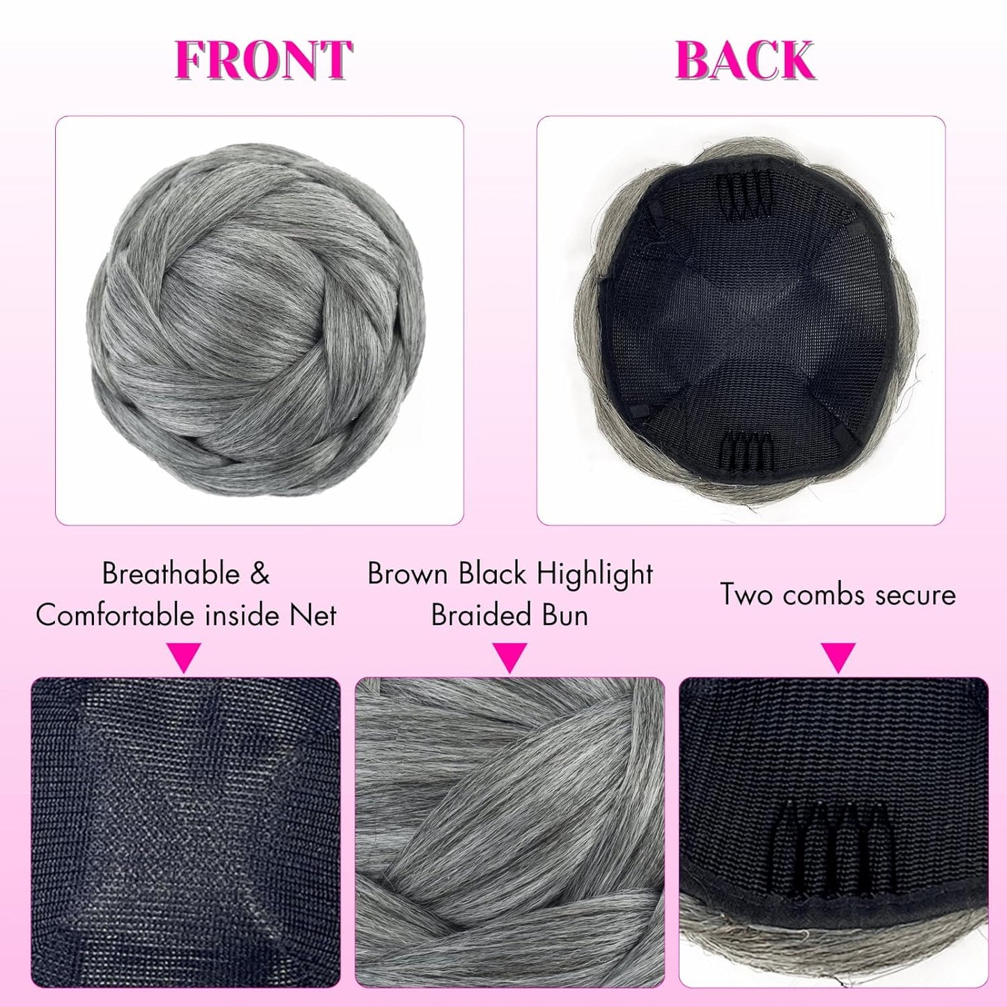 Quick Bun and Bang Set 2PCS - Salt and Pepper Grey Braided Bun with Side Bang