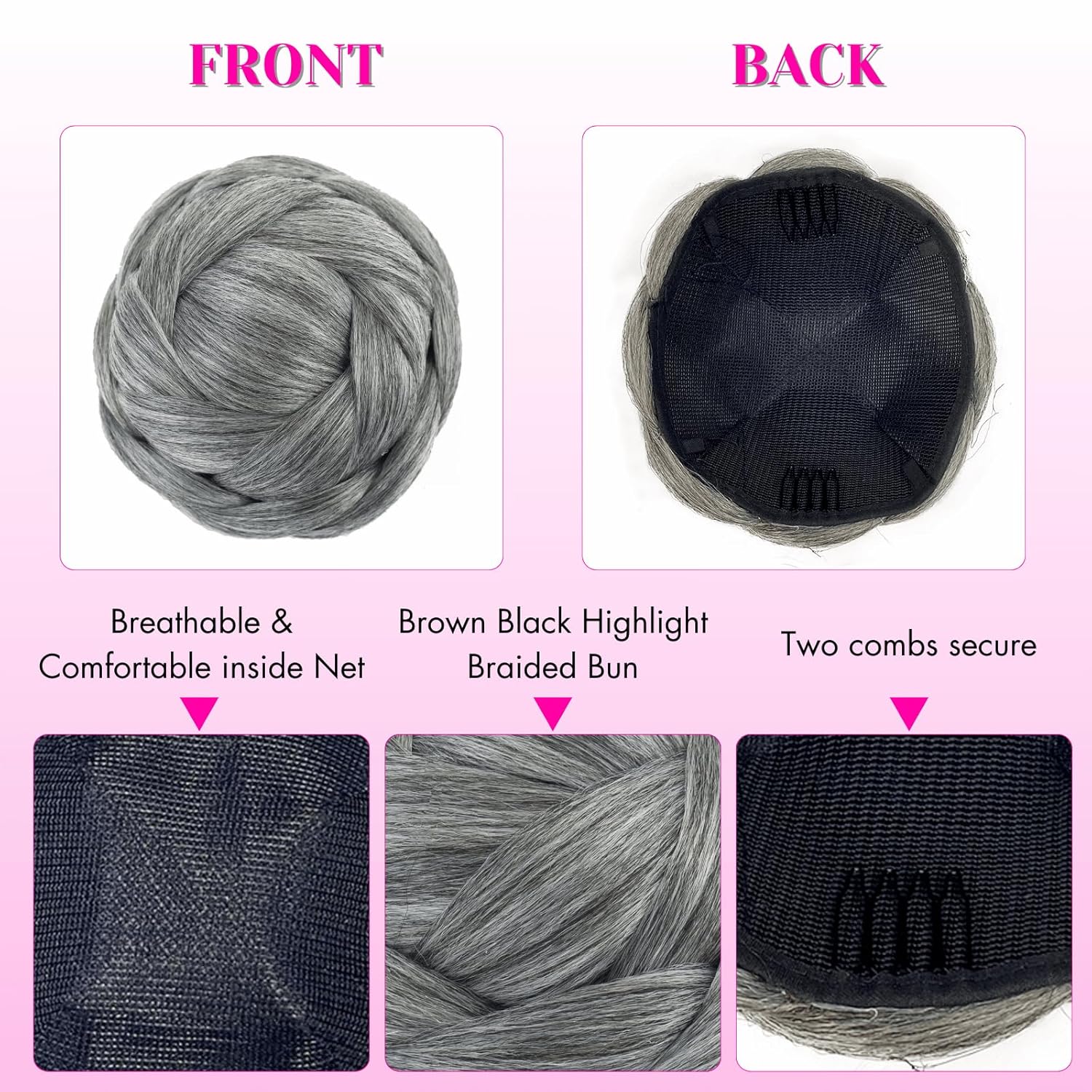 Quick Bun and Bang Set 2PCS - Salt and Pepper Grey Braided Bun with Side Bang