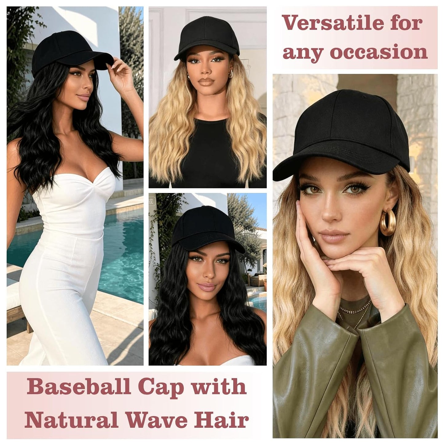 Baseball Cap with Hair Attached for Black Women 14inch Natural Wave Hat Wig