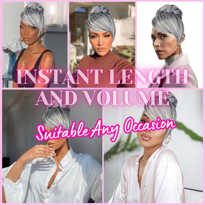 Quick Bun and Bang Set 2PCS - Salt and Pepper Grey Braided Bun with Side Bang