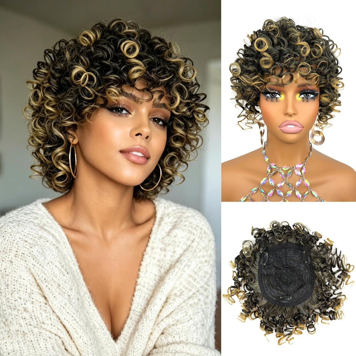 Short Loose Wave Hair Topper with Bangs for Black Women Topper Wig 360°3D Cover