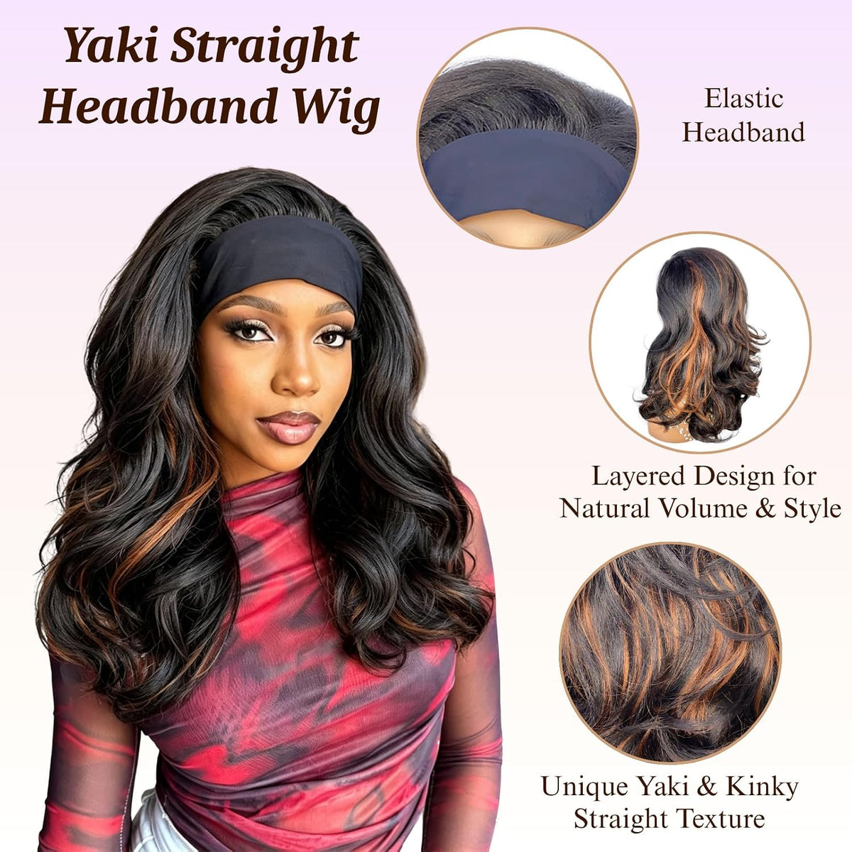 18inch Long Kinky Straight Yaki Wavy Headband Wig for Black Women