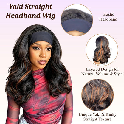 18inch Long Kinky Straight Yaki Wavy Headband Wig for Black Women