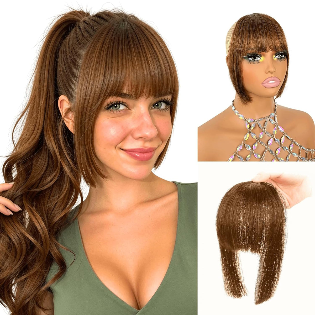 Clip in Bangs 100% Human Hair Fringe with Long Temples Hime Cut for Women