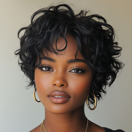 Black Human Hair Pixie Cut Wig Natural Wave Lace Frontal 13x4 for African American