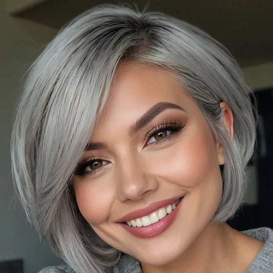 Grey Pixie Cut Lace Wig  Lace Frontal Straight Brazilian Hair for African American