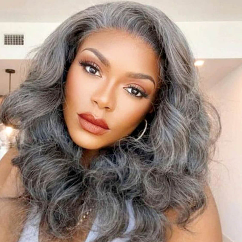 Grey Mix Color Human Hair Loose Wave Wig Lace Frontal for African American-model