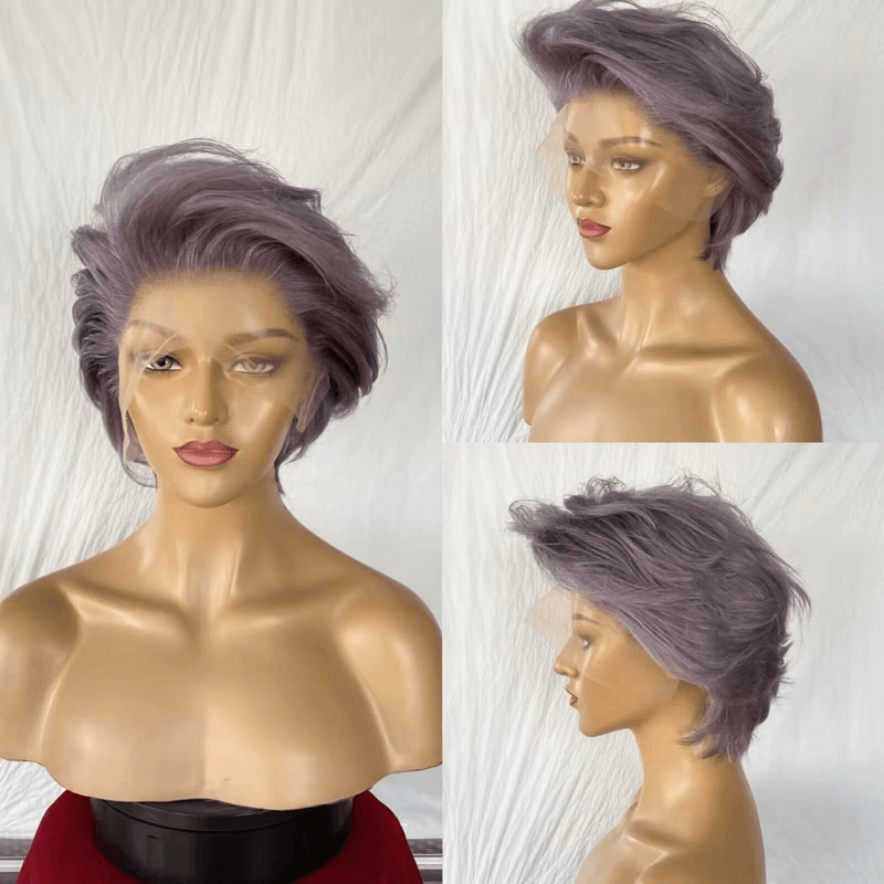 Grey Pixie Cut Lace Wig Brazilian Hair  with Bangs for African American-a