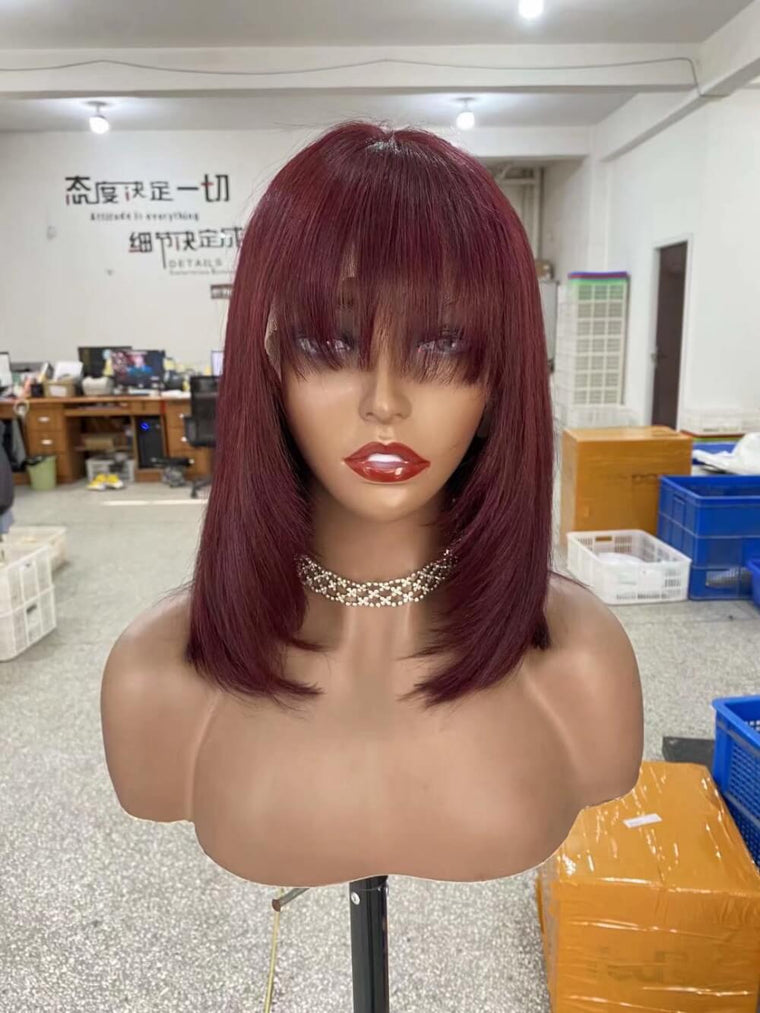 99J Color Human Hair Bob Wig with Bangs Lace Frontal for African American-model