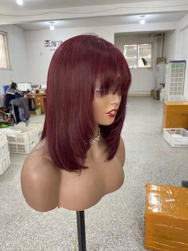99J Color Human Hair Bob Wig with Bangs Lace Frontal for African American-2
