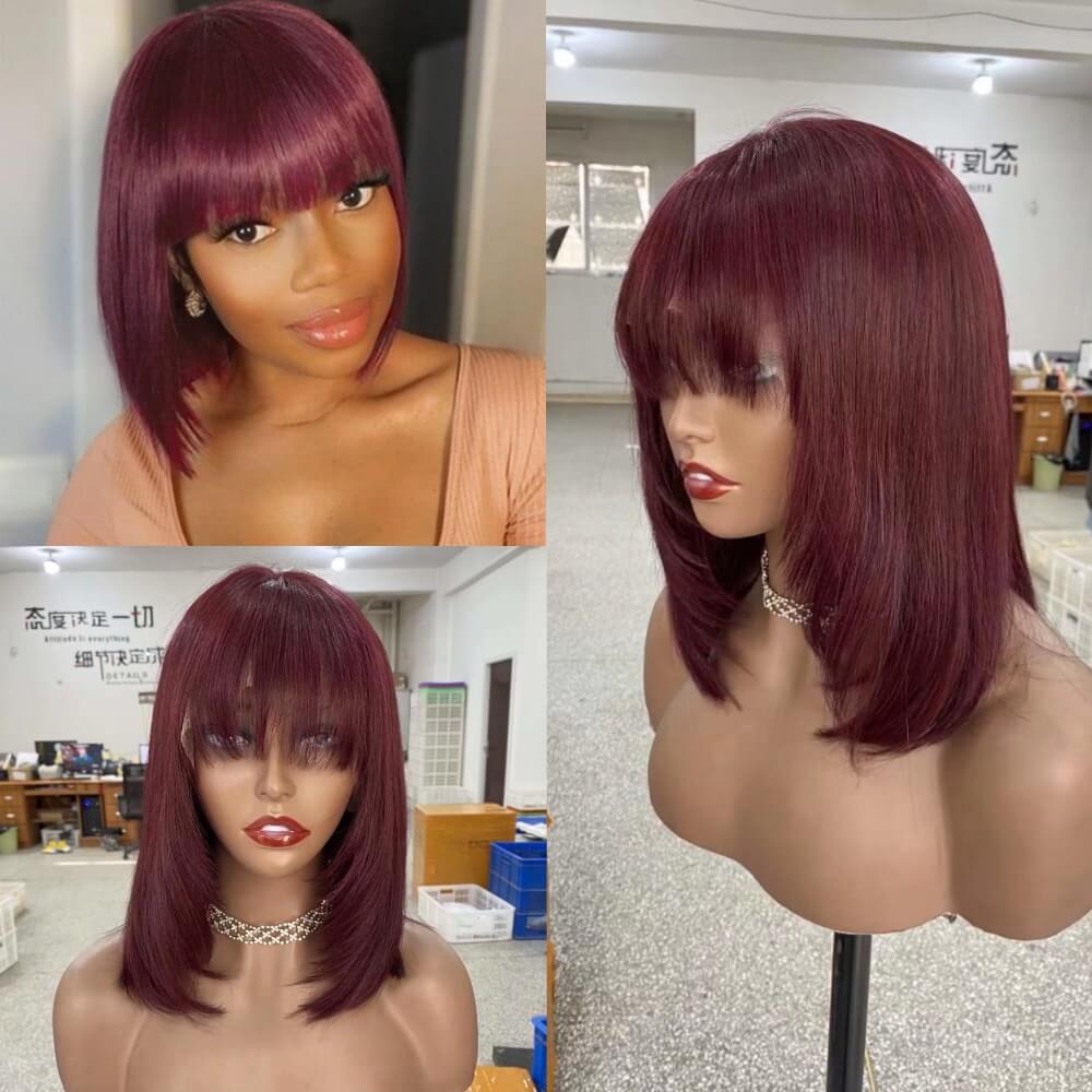 99J Color Human Hair Bob Wig with Bangs Lace Frontal for African American-main