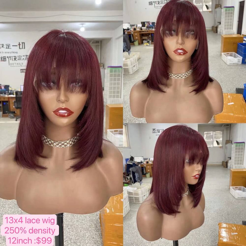 99J Color Human Hair Bob Wig with Bangs Lace Frontal for African American-3