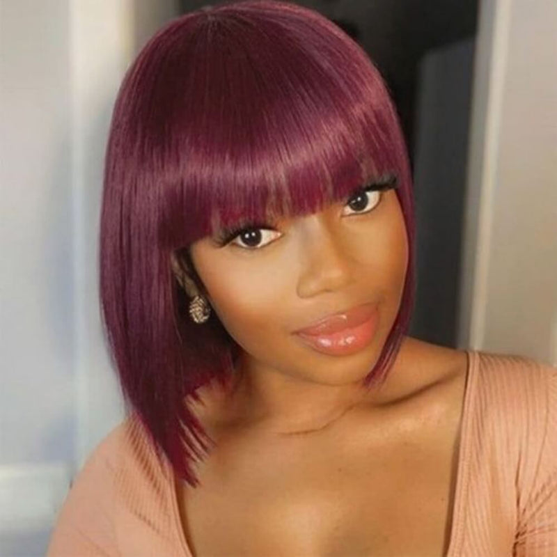 99J Color Human Hair Bob Wig with Bangs Lace Frontal for African American-model