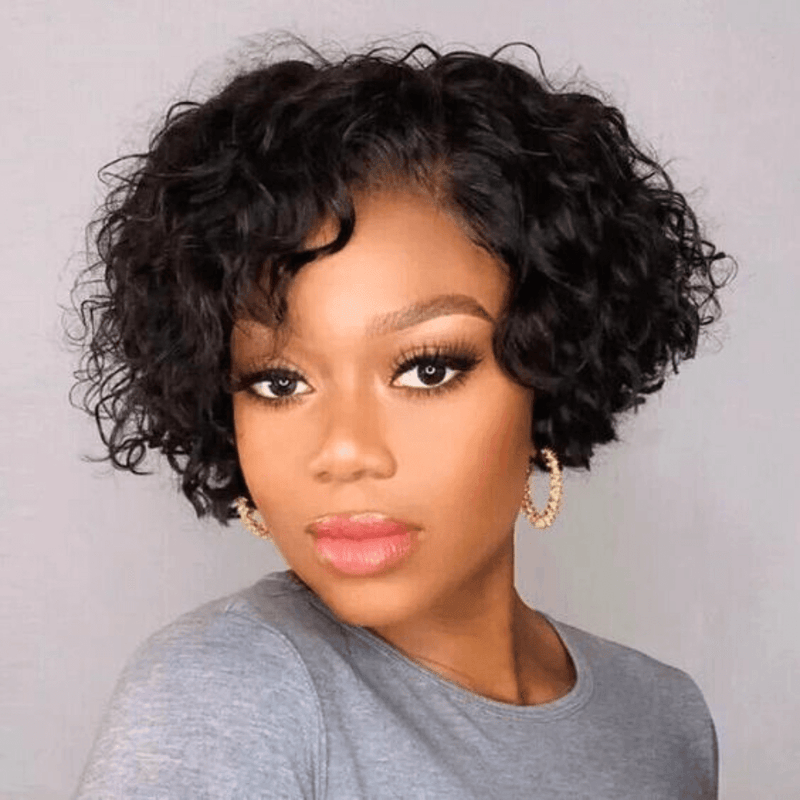 Side Part Curly Pixie Cut Wig Human Hair  Lace Front 13x6 for African American-model