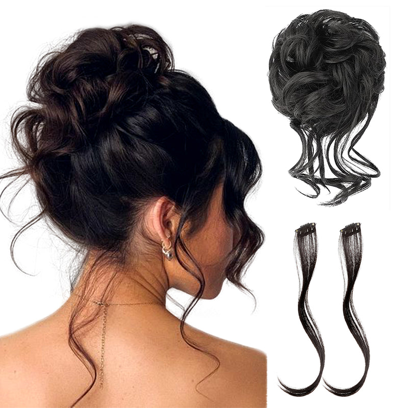 VANANGA Messy Hair Bun with Bang 2 Piece Black Claw Clip Hair Bun and Long Curly Air Bangs