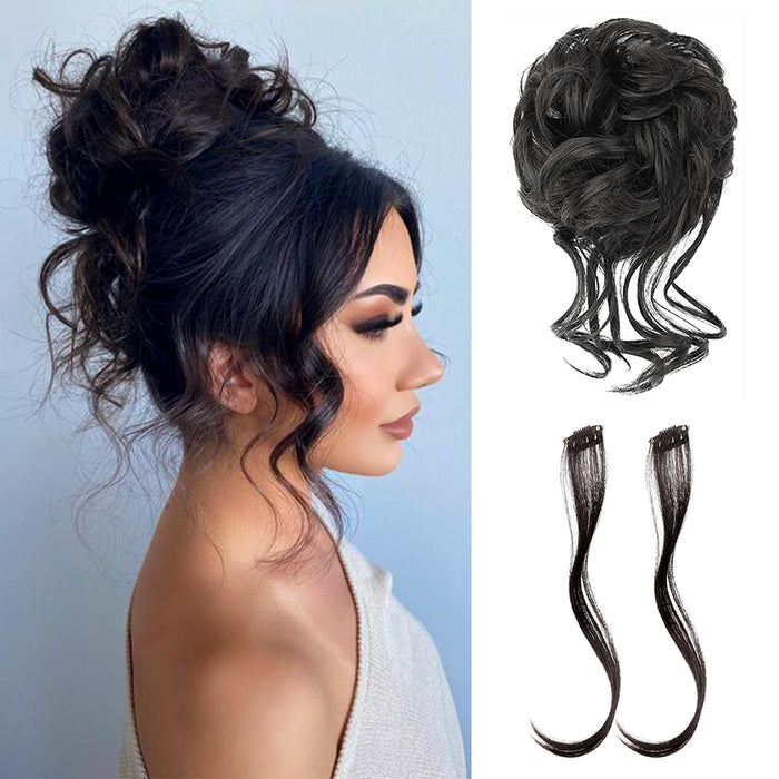 VANANGA Messy Hair Bun with Bang 2 Piece Black Claw Clip Hair Bun and Long Curly Air Bangs