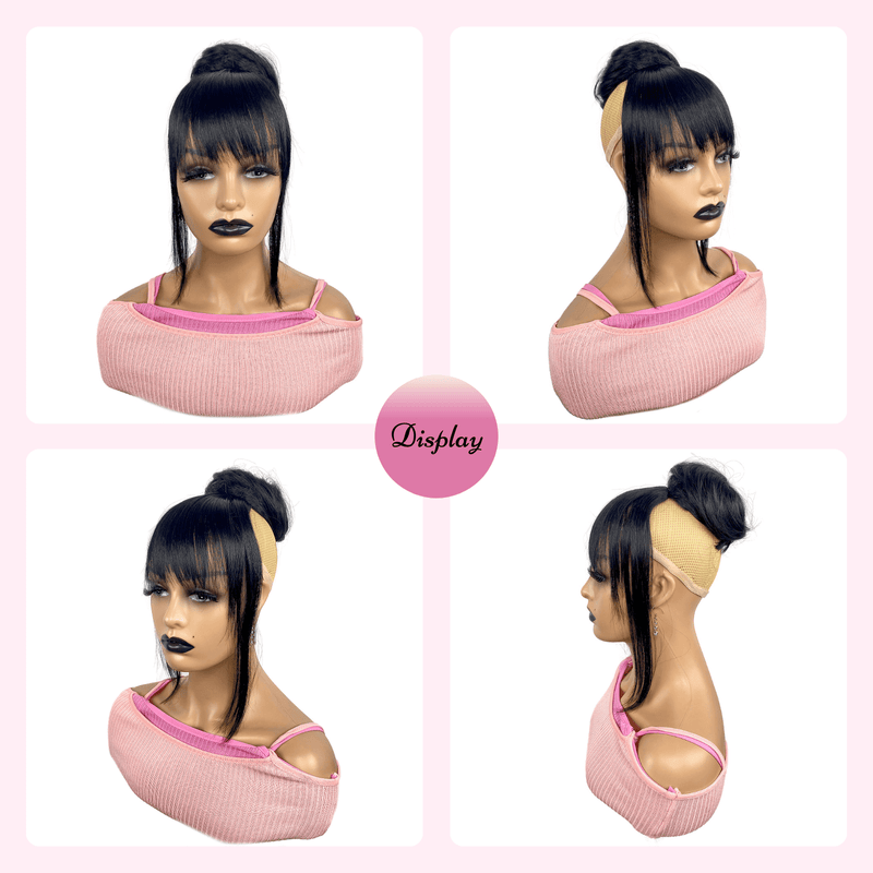 VANANGA Hair Bun with Bang Set 2 Pieces, Black Synthetic Hair Drawstring Space Buns Drawstring and Long French Bangs Clip in with Temples Hair Piece Scrunchies Fake Ballet Bun Bangs for Women