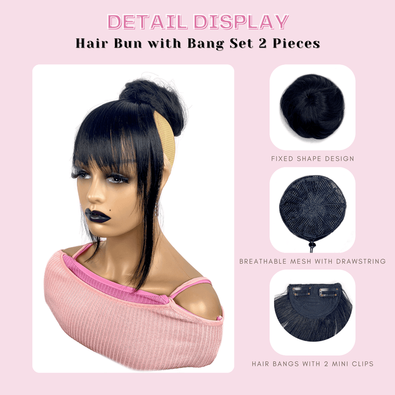 VANANGA Hair Bun with Bang Set 2 Pieces, Black Synthetic Hair Drawstring Space Buns Drawstring and Long French Bangs Clip in with Temples Hair Piece Scrunchies Fake Ballet Bun Bangs for Women